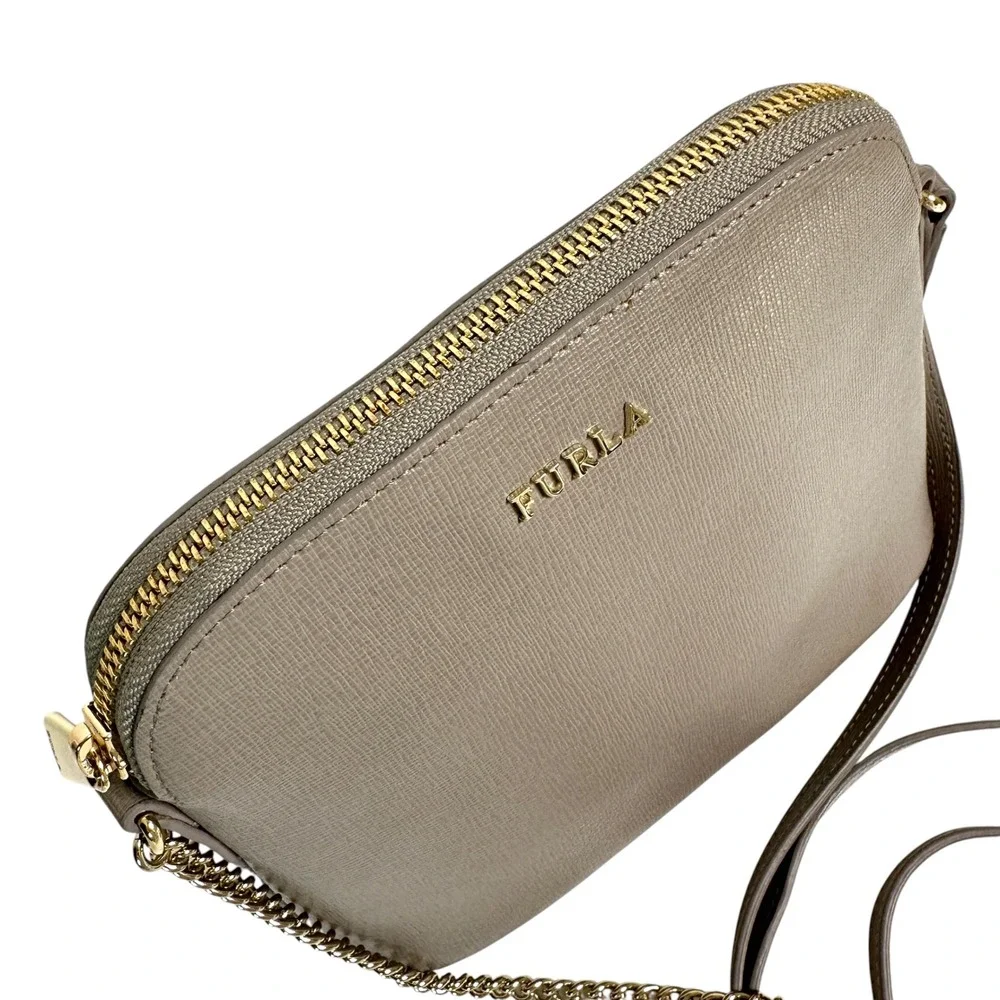 Furla Crossbody Bag Piper Saffiano Leather Chain Strap Gray OS Minimalist Chic